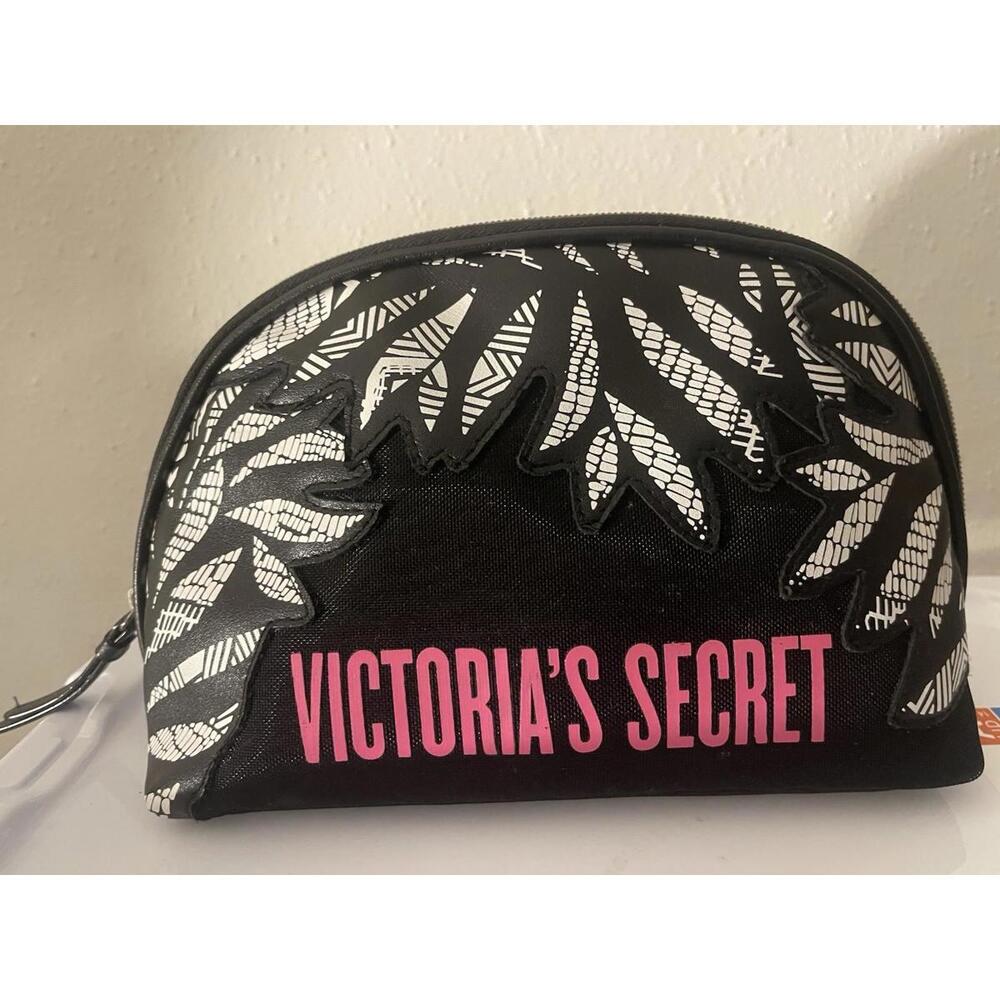 Victoria's Secret Makeup Bag Black White  Black Pink Logo  Zippered